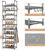 VTRIN 10 Tiers Tall Shoe Rack Holds 20-25 Pairs of Shoes Sturdy Vertical Shoe Organizer with 18pcs Hooks Stackable Narrow Shoe Rack for Closet, Entryway Grey