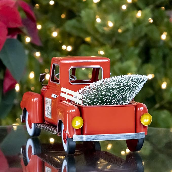 Zaer Ltd. Red Metal Christmas Pickup Truck Decoration (Small 12" Long)