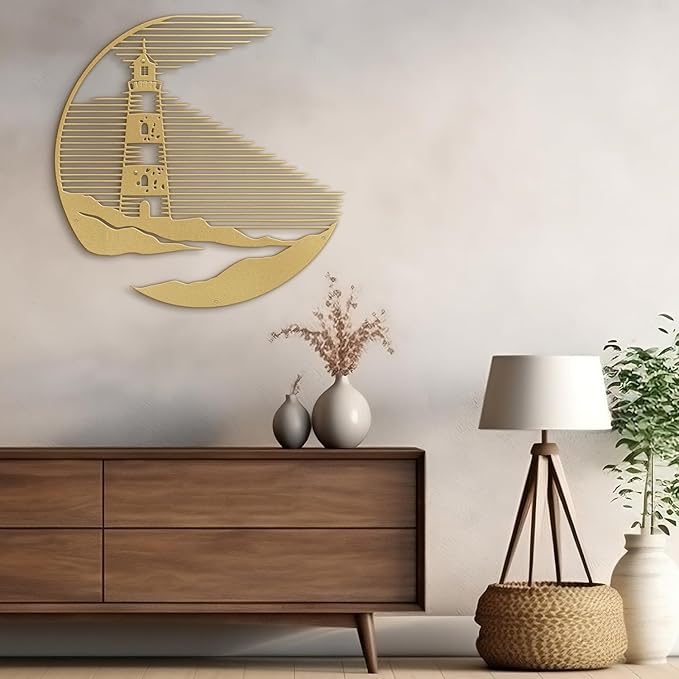 SIGNLEADER Metal Wall Art Decor Lighthouse Minimalist Modern Abstract Wall Sculpture Hangings Home Decoration for Living Room, Bedroom, Bathroom, Kitchen, Outdoor - 36" Gold