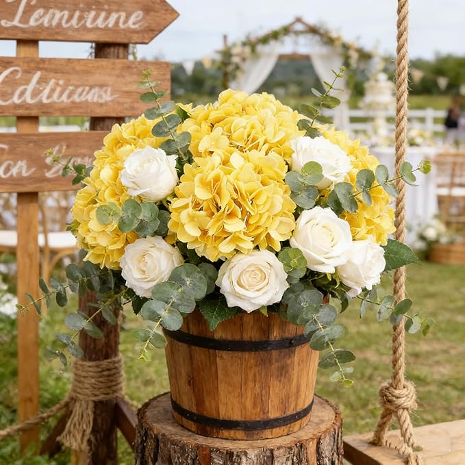 Kimura's Cabin 6pcs Yellow Fake Flowers Faux Hydrangea Flower Artificial Silk Hydrangeas Bouquets with Stems for Home Wedding Baby Shower Birthday Party Festive Decoration (Yellow)