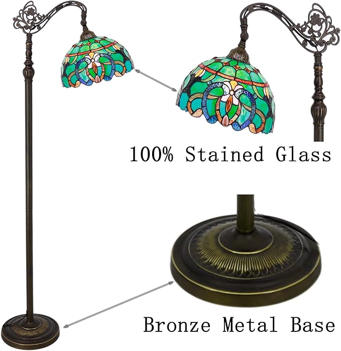 Tiffany Floor Lamp Stained Glass Lamp 18.88X12X67 Inch Angle Adjustable Arched Gooseneck Antique Reading Light (Green Brown Jewelry Baroque)
