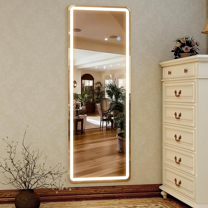 GLSLAND LED Full Length Mirror, 60"x16" Rectangle Floor Mirror with Stand, Wall Mounted Hanging Free Standing Full Body Mirror with Lights for Bedroom Living Room, White