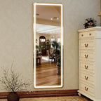 GLSLAND LED Full Length Mirror, 60"x16" Rectangle Floor Mirror with Stand, Wall Mounted Hanging Free Standing Full Body Mirror with Lights for Bedroom Living Room, White