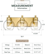 Bathroom Light Fixtures, 3-Light Brushed Gold Vanity Light, Modern Wall Sconces with Clear Glass Globe Shade, Bathroom Wall Lights for Mirror Kitchen Bedroom Hallway Living Room, VL195-GD-3