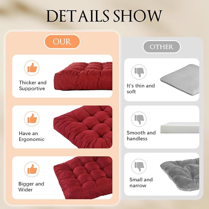 Meditation Floor Cushions, Thickened Floor Pillow for Adults, Large Square Pillows Seat Cushion for Tatami Living Room Yoga, Memory Sponge Block Added, 22x22 Inch, Wine Red
