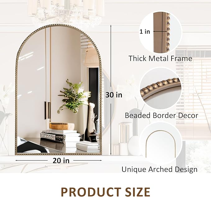 Antique Gold Arched Wall Mirror 20"x30", Ornate Beaded Metal Frame Bathroom Mirror, Vintage Decorative Wall Mirror for Bedroom, Living Room, Entryway, or Vanity Décor