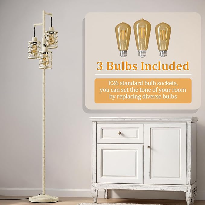 Oneach 70" Industrial Floor Lamp, Stepless Dimmable Standing Lamp with 3 Bulbs, Farmhouse Corner Standing Tree Lamp for Living Room, Tall Lamps for Bedroom, Office, Dining Room, Antique Beige White