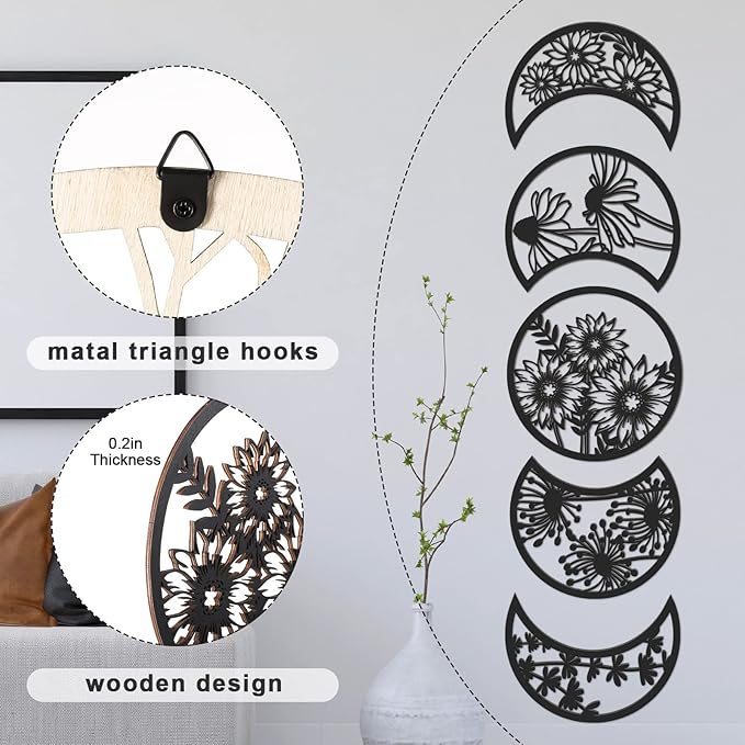 Jetec 5 Pcs Moon Phase Wall Art Decor Wall Pediments Hanging Wooden Phase Spiritual Bedroom Nordic Boho Lunar Aesthetic Art for Living Room Dorm Apartment Ornament (Black,10.6 Inch,Flower)