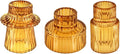 Double Sided Vintage Ribbed Taper Glass Candle Holders,Tea Candle Holder for Table Centerpieces, Wedding Decorations and Dinner Parties (Amber, 3 PCS)