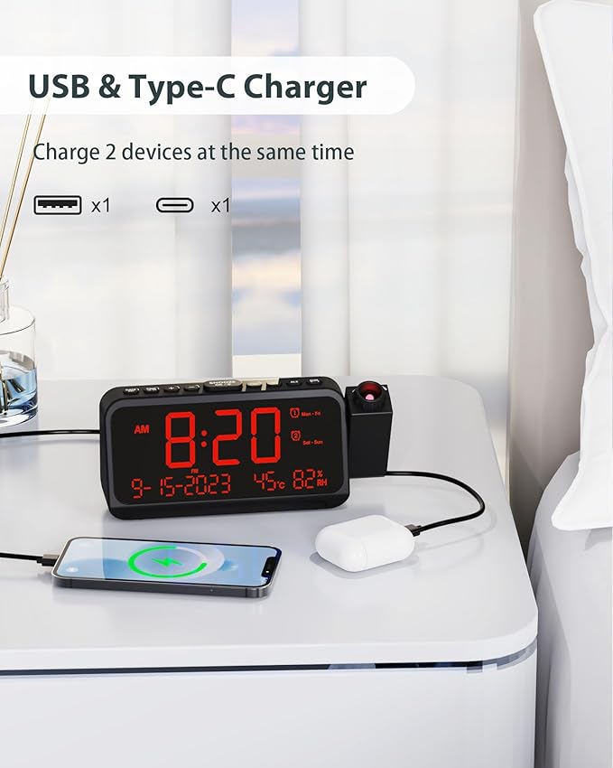 Roxicosly Projection Alarm Clock for Bedroom Ceiling, 118 dB Super Loud for Heavy Sleepers, 6.7" Large Digital Dimmable Display with Day Date Indoor Temp Humidity, Dual Alarms Adjustable Volume