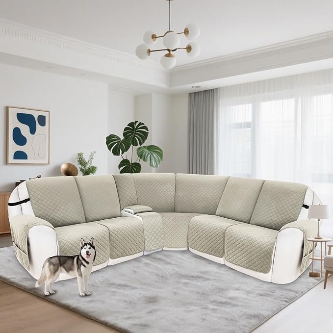 Recliner Sofa Covers 100% Waterproof Velvet L Shape Recliner Couch Covers for Sofa Pets Washable Anti Slip Recliner Slipcovers with Pockets (5 Seat Sofa with 1 Console, Light Gray)