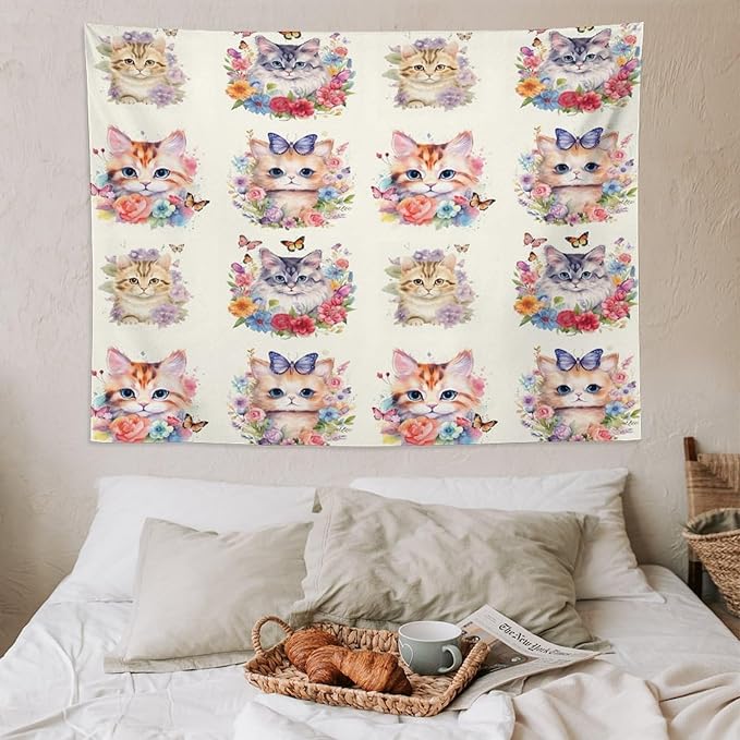 VUMIVI Watercolor Flower Cat Tapestry Colorful Cartoon Cute Animals Butterflies Abstract Art Print Tapestry Wall Hanging for Living Room Bedroom Dorm Classroom Aesthetic Decor W80xL60in