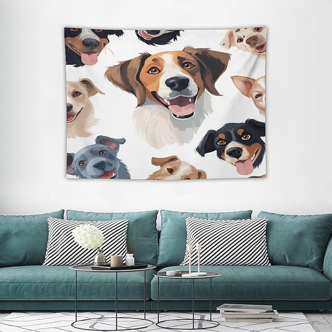 VUMIVI Cartoon Dog Tapestry Black & White Pet Dog Heads Cute Illustration Modern Creative Design Tapestry Wall Hanging for Living Room Bedroom Dorm Classroom Aesthetic Decor W40xL30in