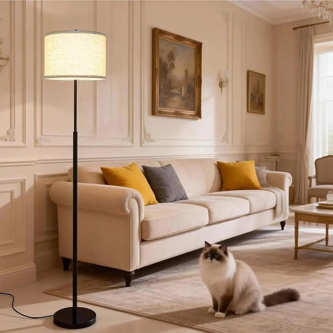 Modern Floor Lamp for Living Room with Beige Shade, Pull Chain Switch, 66" Tall Industrial Floor Lamps Reading with Marble Base for Bedroom Office (9W LED Bulb Included) -Black
