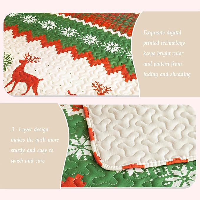 Whale Flotilla Christmas Quilt Twin Size, Soft Boho Floral Bedspreads for Bed Reversible Lightweight Twin Quilt Bedding Set Coverlets with 1 Pillow Sham for All Seasons, Happy Snowflake
