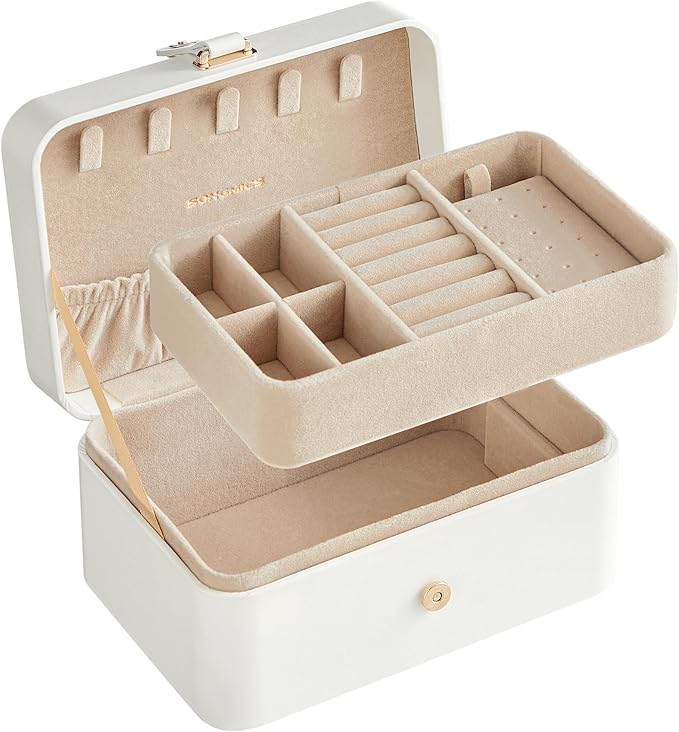 SONGMICS Jewelry Organizer Box, Travel Jewelry Case, 2-Layer Travel Case for Earrings, Necklaces, Bracelets - Portable Jewelry Storage with Large Capacity, Gift Idea, Cloud White UJBC166W01