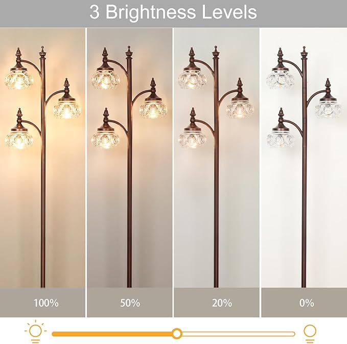 Brown Glass Floor Lamps for Living Room 66.5'' Standing Lamp with 3 Brightness Lights Vintage Mid Century Modern Pole Bronze Tree Lamp for Bedroom Office(3LED Bulbs Included)