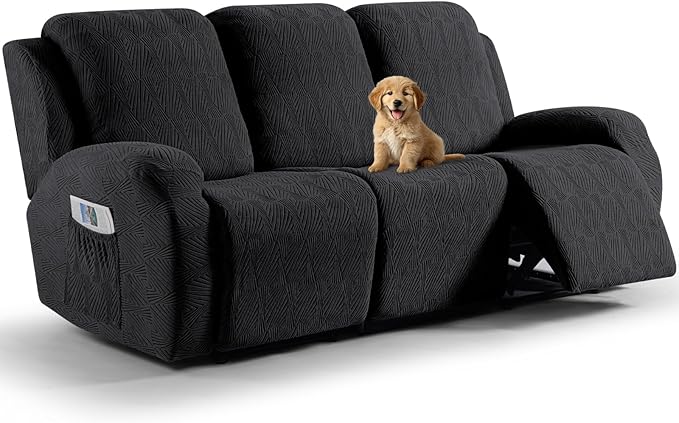VANSOFY Recliner Couch Cover, 8-Pieces Stretch Recliner Sofa Cover Soft Jacquard Reclining Slipcover Furniture Protector with Elastic Bottom for Kid, Pets(3 Seat,Black)
