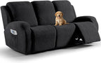 VANSOFY Recliner Couch Cover, 8-Pieces Stretch Recliner Sofa Cover Soft Jacquard Reclining Slipcover Furniture Protector with Elastic Bottom for Kid, Pets(3 Seat,Black)