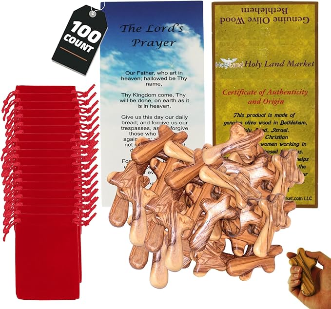 Holy Land Market Comfort/Holding Cross Also Known as Palm or Hand Cross With Velvet Bag And Two Certificates (4 Inches) (100)