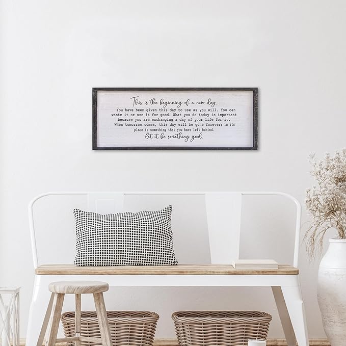 Surfapans This Is The Beginning Of A New Day Office Wall Decor 40"x15" Large Farmhouse Inspirational Wood Framed Art Sign Motivational Inspiring Positive Quote Decoration (Black)