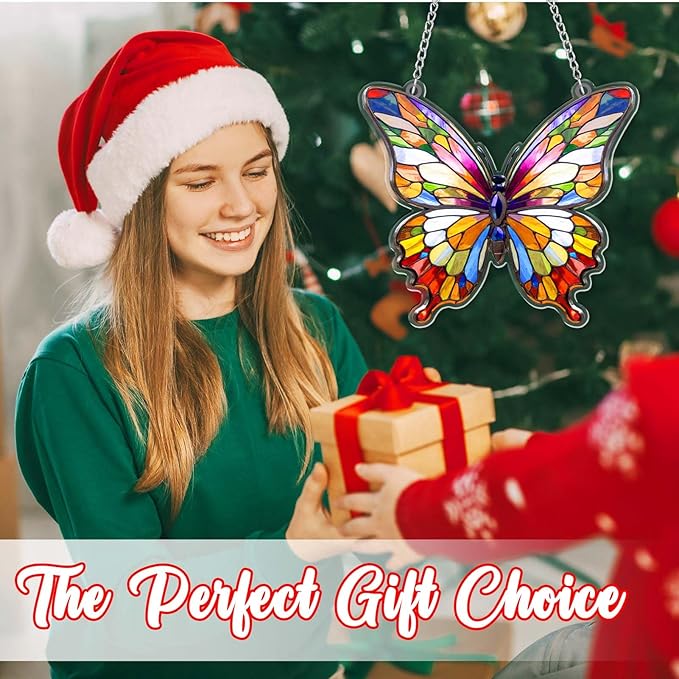 Butterfly Gifts for Women, Rainbow Acrylic Butterfly Hanging Ornament, Whimsical Decor Ornaments for Home Window & Car Decor, Christmas Ornament Decorations