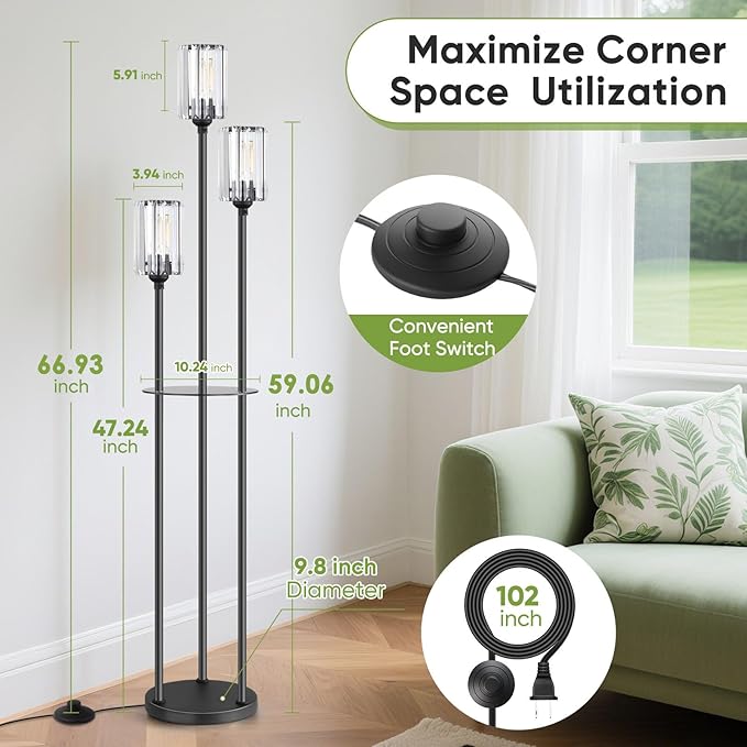 Crystal Floor Lamps for Living Room, Glass Modern Floor Lamp with Shelves, Mid Century Standing Lamps with Table, Brass Tall Lamp with Crystal Shade Vintage Retro Corner Floor Lamp (Black)