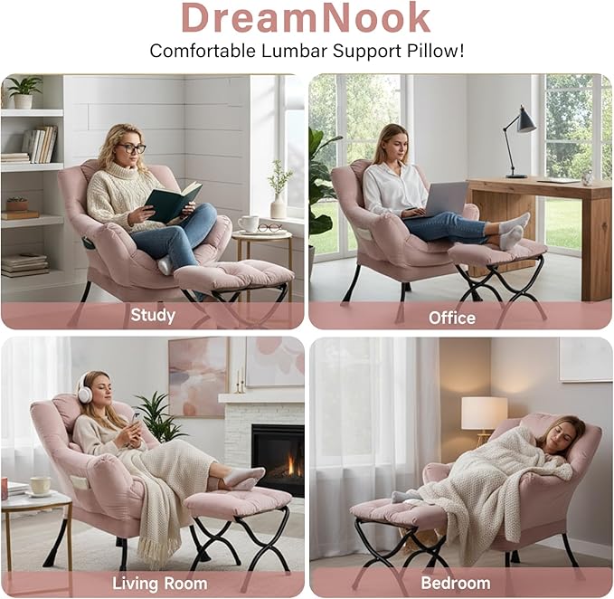 Lazy Chair with Ottoman, Modern Accent Chair with Lumbar Pillow, Velvet Pink Sofa, Lounge Chairs with Folding Footrest, Oversized Supportive Chairs for Bedroom, Reading