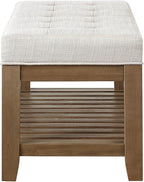 24KF Large Rectangular Upholstered Tufted Linen Ottoman Bench, Padded Bench with Solid Wood Shelf-Ivory