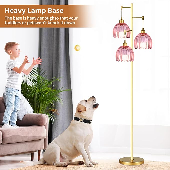 Gold Floor Lamp for Living Room Bedroom,3 Lights Vintage Tree Floor Lamps with Pink Glass Flower Shade,Mid Century Modern Floor Lamp for Corner Office,68IN Unique Tall Standing Lamp with Bulb