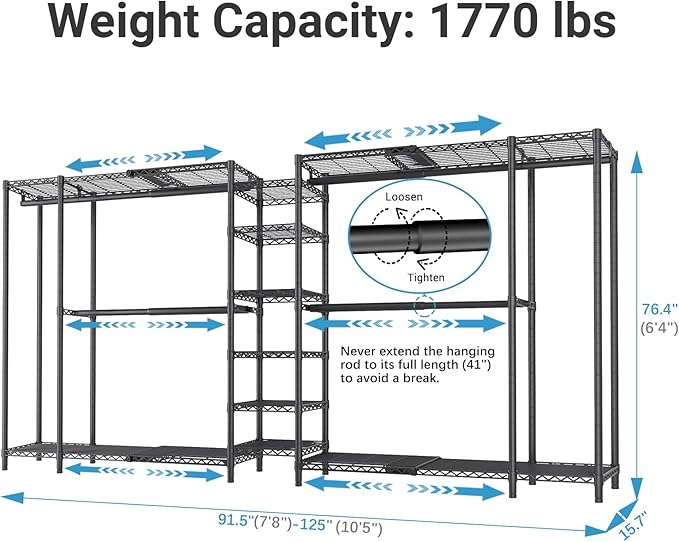 VIPEK X5 Extra Large Expandable Clothes Rack Adjustable from 7'8" to 10'5", Reach-in Closet Metal Clothing Racks Walk-in Freestanding Wardrobe Portable Closets, Black