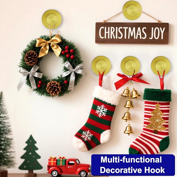 Suction Cup Hooks for Door Wreaths, Vacuum Suction Wreath Hanger for Front Door Window Glass, Bath Robe Looafh Shower Hooks for Inside Shower - 2 Pack, Gold1