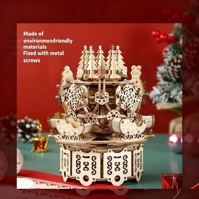 Adult 3D Wooden Christmas Music Box Assembly Kit DIY Wind-Up Mechanical Model Carousel Set Desktop Toy Birthday Gift Decorative Item Suitable for Teens 14+