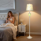 Vintage Floor Lamp for Living Room, 63" Tall Standing Lamp with Nightlight and Embroidered Shade, Farmhouse Floor Lamp with Silver Leaf Finish for Bedroom Corner, LED Bulb Included