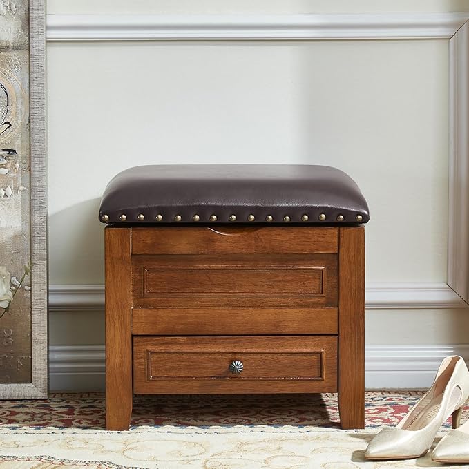 Storage Ottoman with Drawer, Shoe Bench Use Microfiber Leather Cushion Top with Wooden Base for Hallway, Bedroom, Living Room