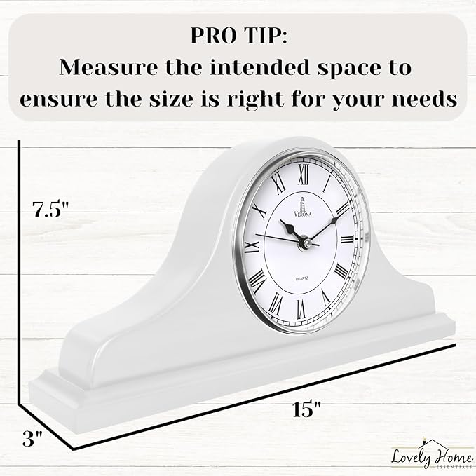 Mantel Clock, White Wooden Mantle Clock for Living Room Décor - Silent, Decorative, Solid Wood, Battery Operated Mantle Clock for Fireplace Mantel, Office, Desk, Shelf & Home Décor Gift, 15x7.5 Inch