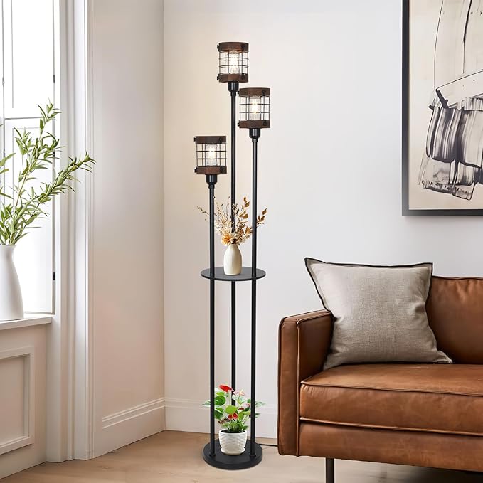 Airposta Vintage Floor Lamp with Shelves, Farmhouse Wood Floor Lamps for Living Room, Black Standing Lamp for Bedroom, Industrial Floor Lamp with Table, Rustic Tall Lamp for Office Corner Home Décor