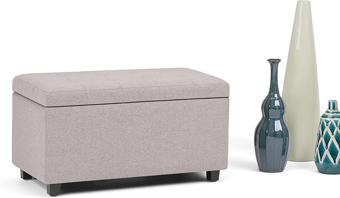 SIMPLIHOME Cosmopolitan Storage Ottoman - 34 inch Wide Upholstered Linen Look Fabric Rectangle Storage Ottoman Bench in Cloud Grey, Transitional Tufted Ottoman for Living Room with Lift-Up Lid