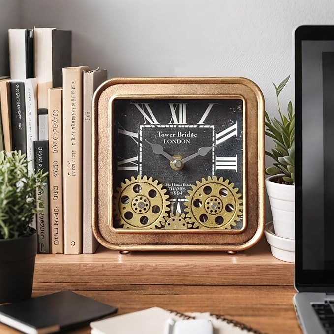 Vintage Steampunk Desk Clock, 6 Inch Metal Industrial Table Clock with Moving Gears, Silent Non-Ticking Quartz, Battery Operated Shelf Decor for Home Office Living Room (Gold)