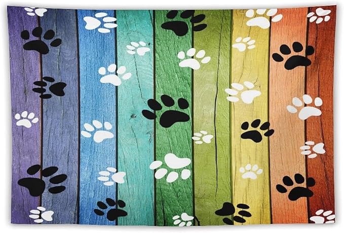 VUMIVI Dog Paw Tapestry Vintage Rustic Colorful Barn Boards Black White Animal Footprints Tapestry Wall Hanging for Living Room Bedroom Dorm Classroom Aesthetic Decor W90xL60in