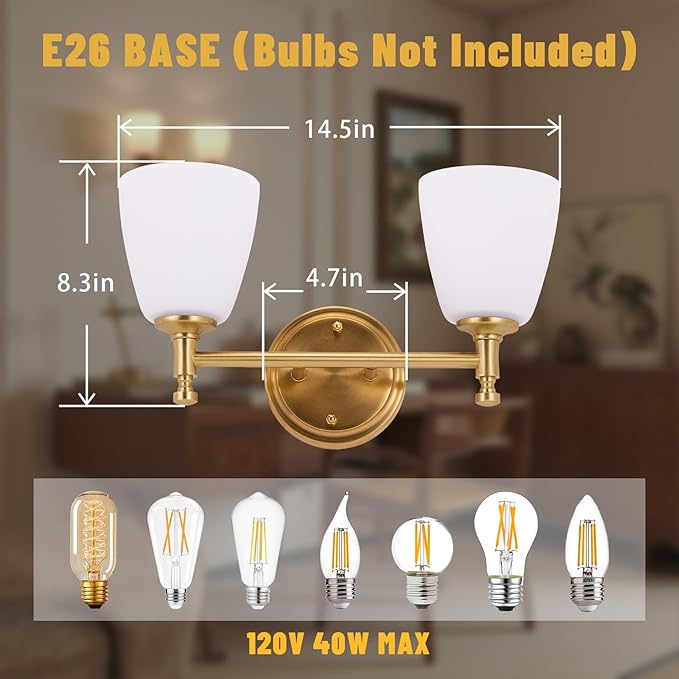Bathroom Light Fixtures, 2-Light Brass Vanity Light with Milk Glass Shade Vintage Above Mirror Lamp Wall-Mounted Wall Sconce for Bedroom, Living Room, Hallway, Stairway, Sink (Bulb not Included)