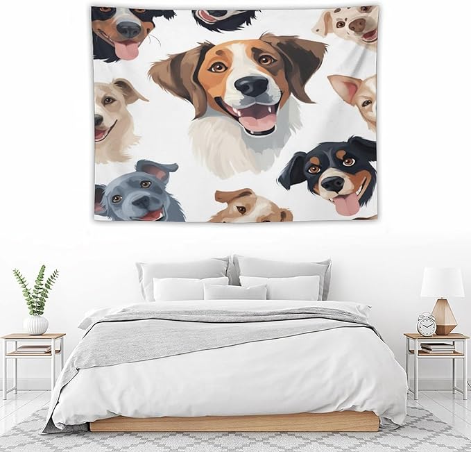 VUMIVI Cartoon Dog Tapestry Black & White Pet Dog Heads Cute Illustration Modern Creative Design Tapestry Wall Hanging for Living Room Bedroom Dorm Classroom Aesthetic Decor W40xL30in