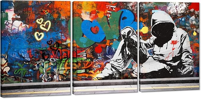 Novatique Bedroom Graffiti Canvas Wall Decor Banksy Classic Street Art Canvas Print Framed Abstract Graffiti Poster Home Decor for Bedroom Living Room Bathroom, 20" x 28" x 3Pcs