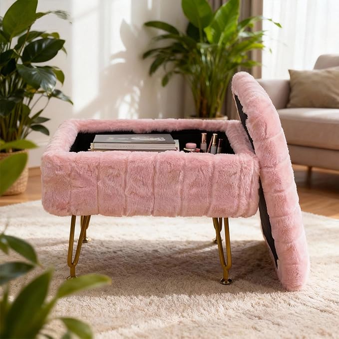 ACEQLYT® Small Foot Stool Ottoman with Storage, Foot Rest for Couch and Chair, Pink Faux Fur Storage Ottoman with Gold Metal Legs and Padded Seat