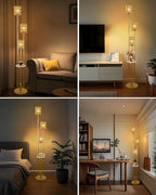 Lightdot Dimmable Boho Floor Lamps with Table, 3-Lights Rattan Floor Lamp 3000K Warmwhite Farmhouse Floor Lamp, Rustic Gold Standing Lamp for Living Room/Sofa Beside/Corner Decor(Bulbs Included