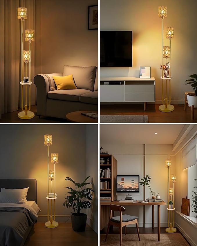 Lightdot Dimmable Boho Floor Lamps with Table, 3-Lights Rattan Floor Lamp 3000K Warmwhite Farmhouse Floor Lamp, Rustic Gold Standing Lamp for Living Room/Sofa Beside/Corner Decor(Bulbs Included