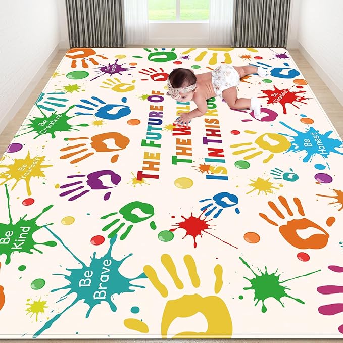 Colorful Kids Rug, Washable Handprints Area Rug for Kids Bedroom, Non-Slip Play Mat Ultra Soft Thick Indoor Plush Rug for Playroom Classroom Nursery Decor (9'2" X 6'7")