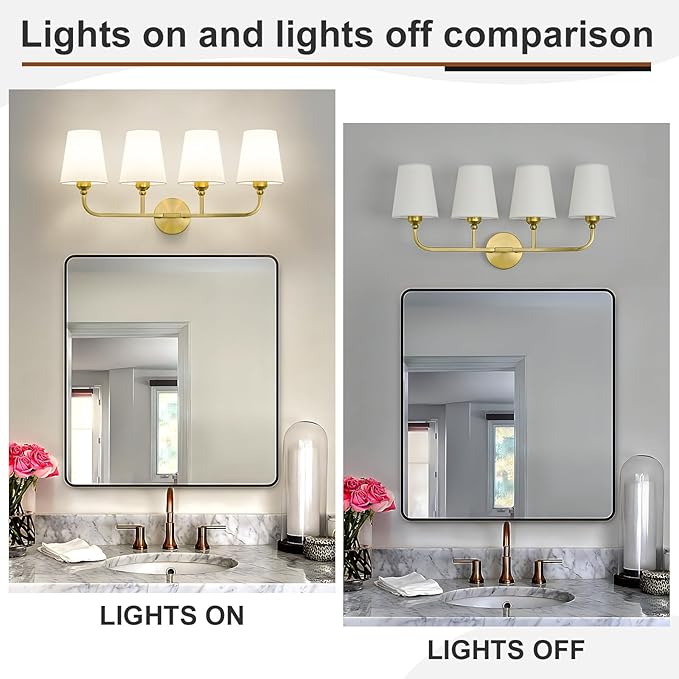 Kvhilw Bathroom Vanity Light, Brushed Gold Bathroom Light Fixtures, 4-Light Lighting Fixtures Over Miror, Modern Wall Sconce with Flared White Fabric Shade, E26 Socket(ETL Listed)