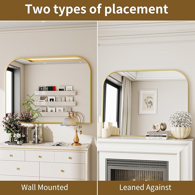 Gold Wall Mounted Bathroom Mirror - 36 x 24 Inch Round Cruved Top Right Angle Bottom Wall Mirror, Aluminum Metal Framed, Decor for Living Room, Bedroom, Fireplace, Mantle, Entryway