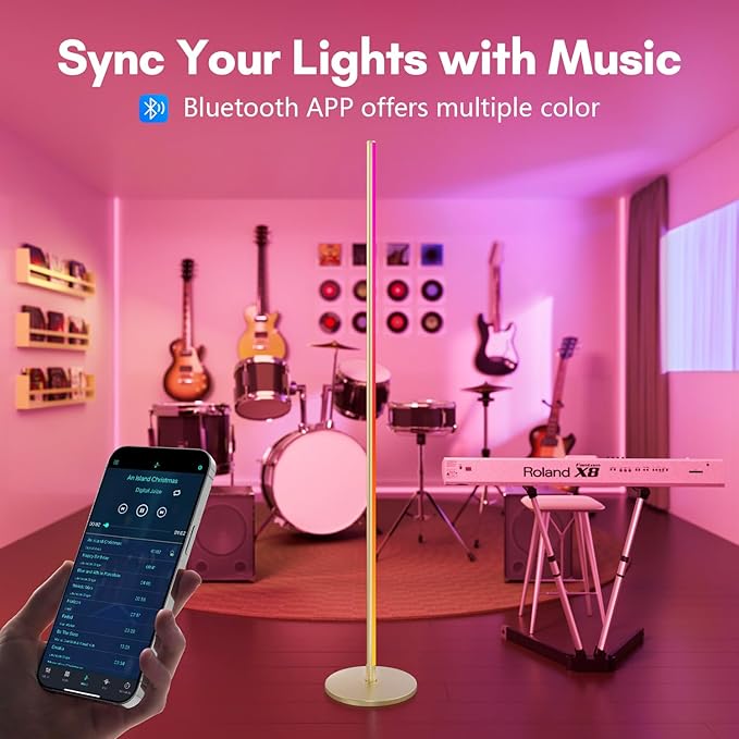 luckystyle Smart RGB Corner Floor Lamp,Bright LED Tall Modern Floor Lamp with APP and Remote,Ambient Lighting Color Changing Standing Lamps with Music Mode and Timing for Living Room,Bedroom Gold